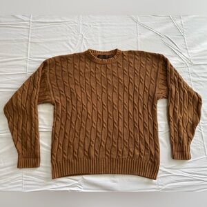Vintage Eddie Bauer Men L Cable Knit Fisherman Cotton Crewneck Sweater Brown Tan